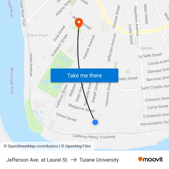 Jefferson Ave. at Laurel St. to Tulane University map