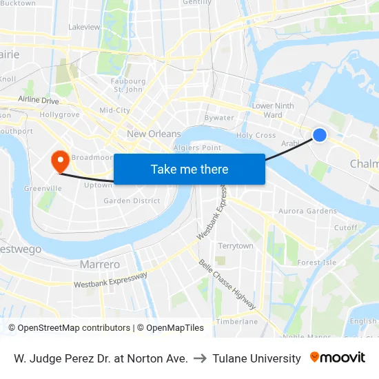 W. Judge Perez Dr. at Norton Ave. to Tulane University map