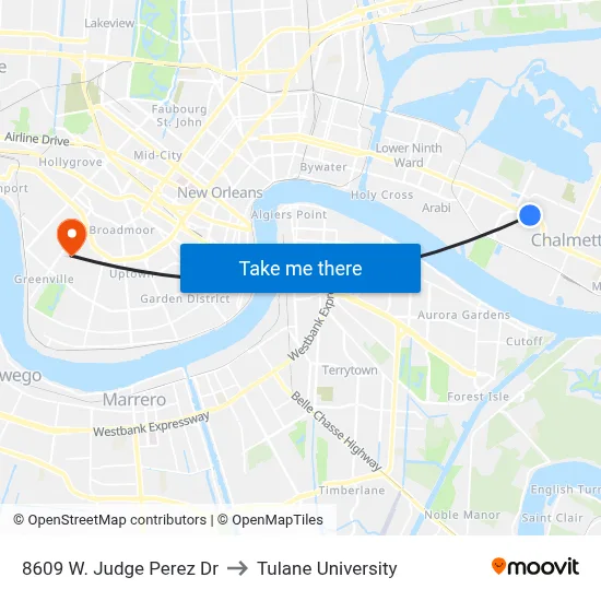8609 W. Judge Perez Dr to Tulane University map