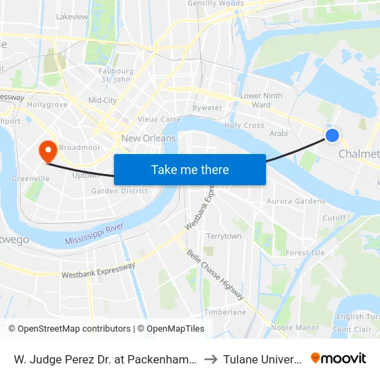 W. Judge Perez Dr. at Packenham Ave. to Tulane University map