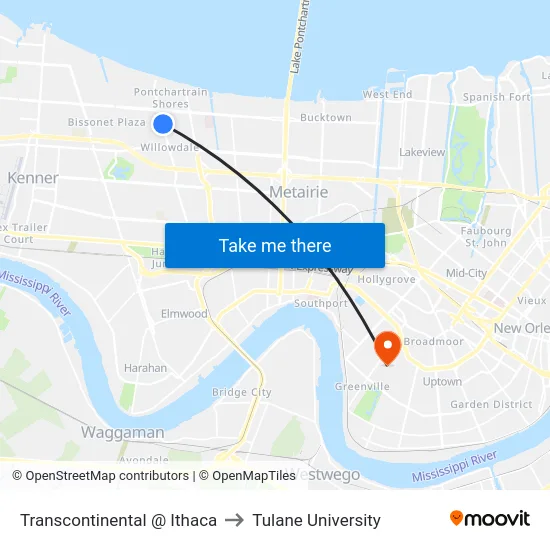 Transcontinental @ Ithaca to Tulane University map