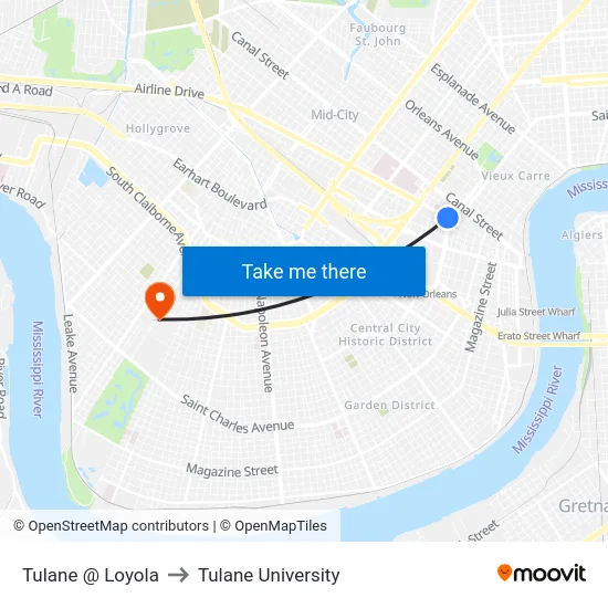 Tulane @ Loyola to Tulane University map