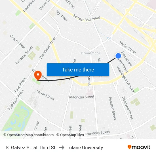 S. Galvez St. at Third St. to Tulane University map