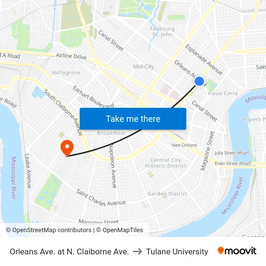 Orleans Ave. at N. Claiborne Ave. to Tulane University map