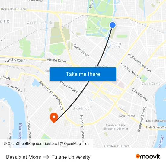 Desaix at Moss to Tulane University map