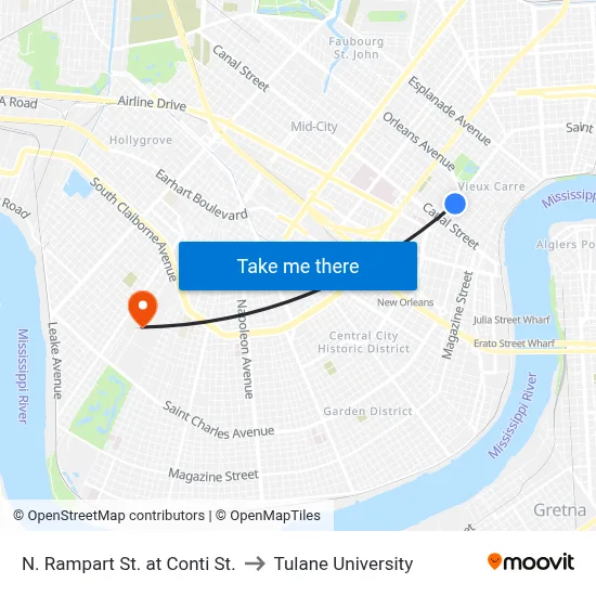 N. Rampart St. at Conti St. to Tulane University map