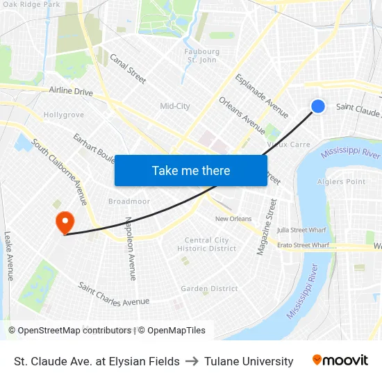 St. Claude Ave. at Elysian Fields to Tulane University map