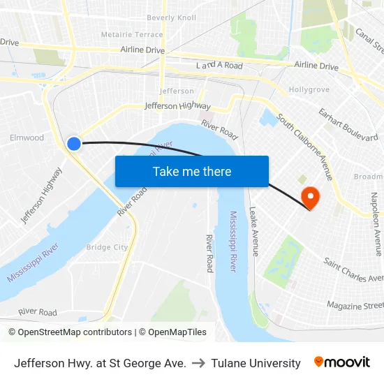 Jefferson Hwy. at St George Ave. to Tulane University map