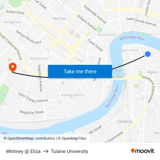 Whitney @ Eliza to Tulane University map