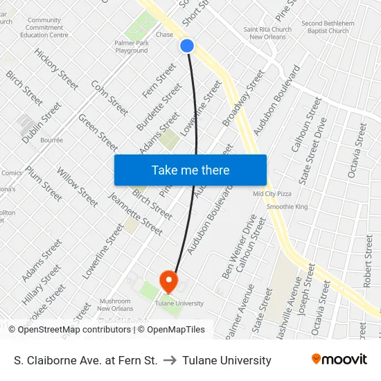 S. Claiborne Ave. at Fern St. to Tulane University map