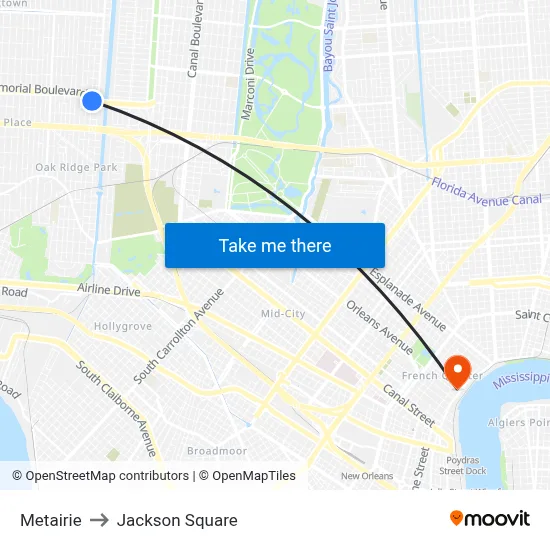 Metairie to Jackson Square map