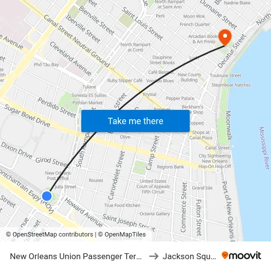 New Orleans Union Passenger Terminal to Jackson Square map