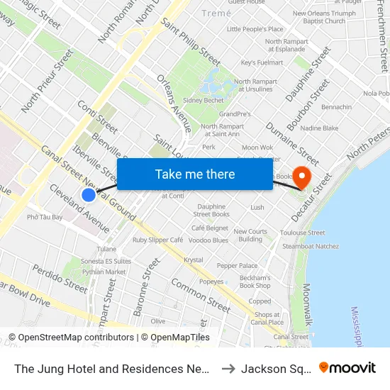 The Jung Hotel and Residences New Orleans to Jackson Square map