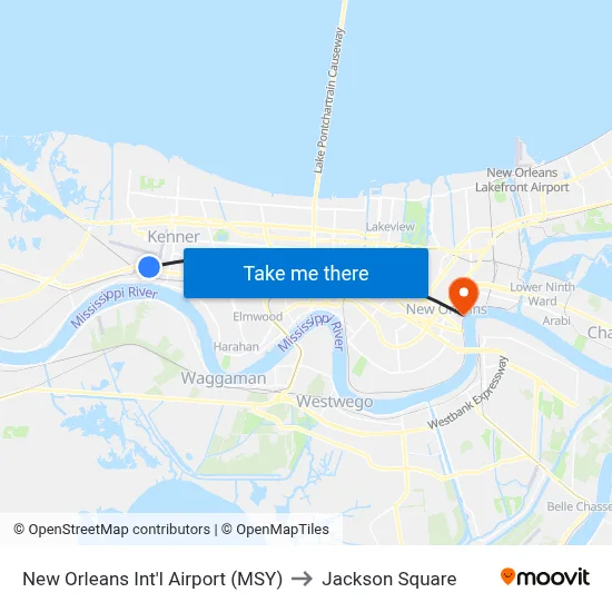 New Orleans Int'l Airport (MSY) to Jackson Square map