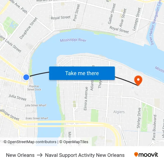 New Orleans to Naval Support Activity New Orleans map