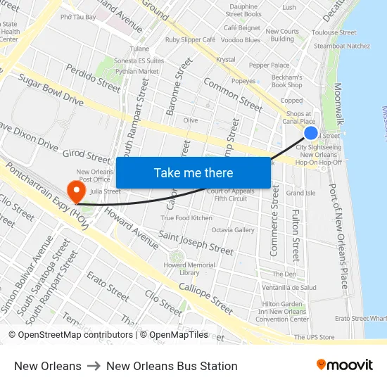 New Orleans to New Orleans Bus Station map