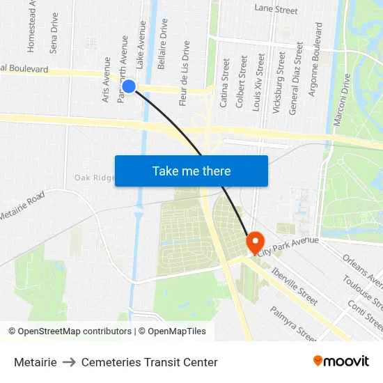 Metairie to Cemeteries Transit Center map