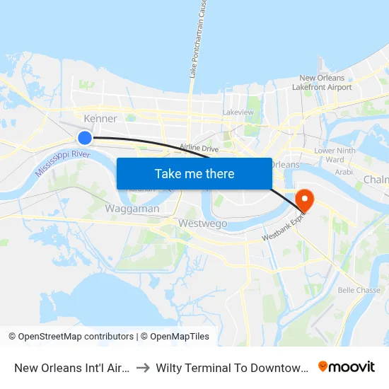 New Orleans Int'l Airport (MSY) to Wilty Terminal To Downtown New Orleans map