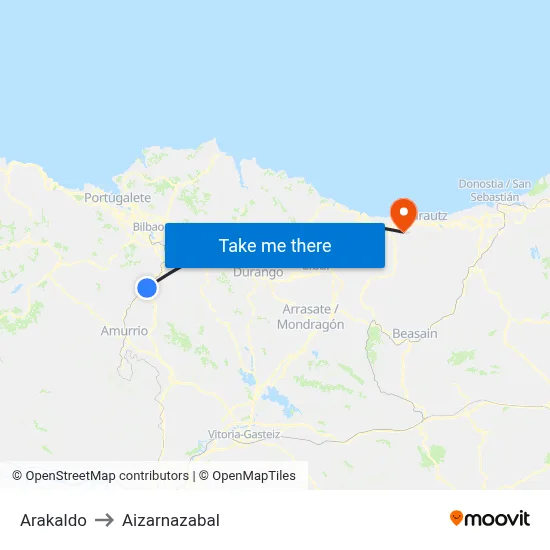 Arakaldo to Aizarnazabal map