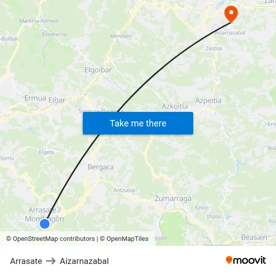 Arrasate to Aizarnazabal map
