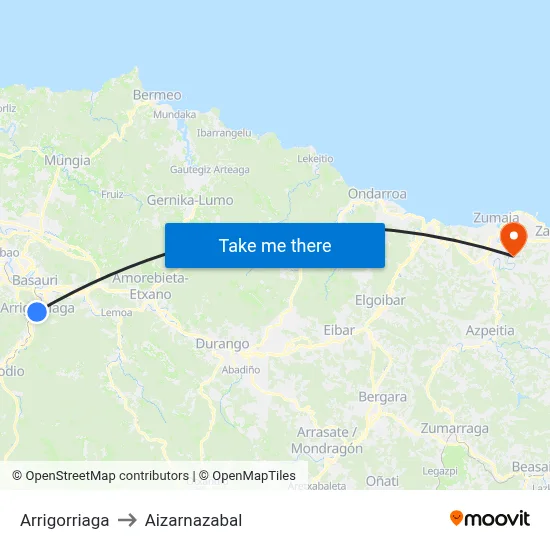 Arrigorriaga to Aizarnazabal map