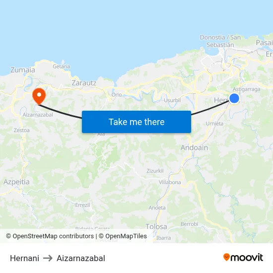 Hernani to Aizarnazabal map
