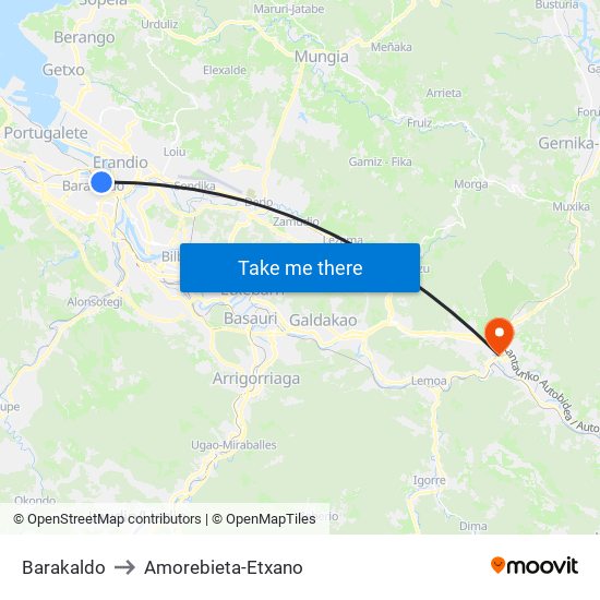 Barakaldo to Amorebieta-Etxano map