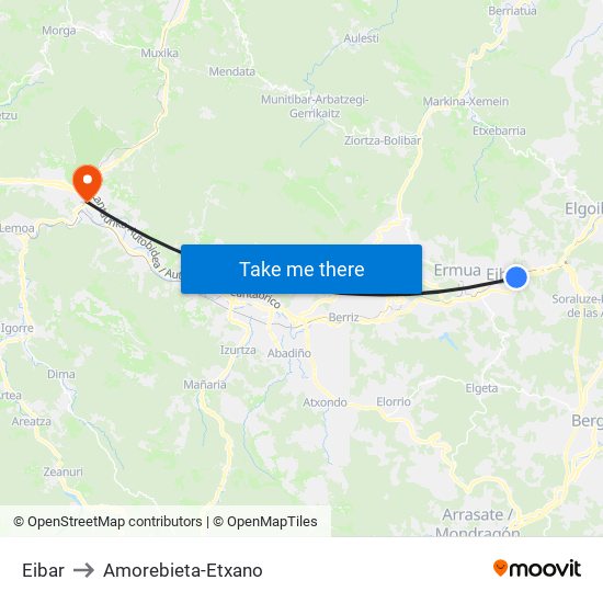 Eibar to Amorebieta-Etxano map