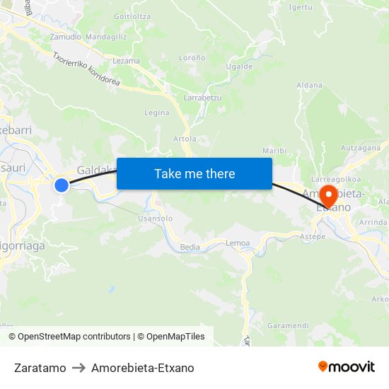 Zaratamo to Amorebieta-Etxano map