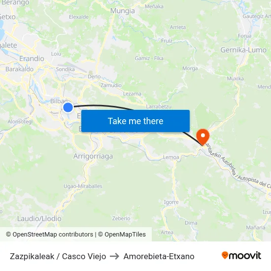 Zazpikaleak / Casco Viejo to Amorebieta-Etxano map