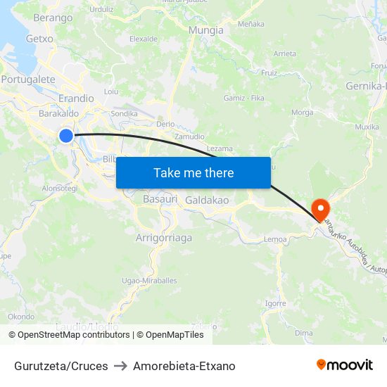 Gurutzeta/Cruces to Amorebieta-Etxano map