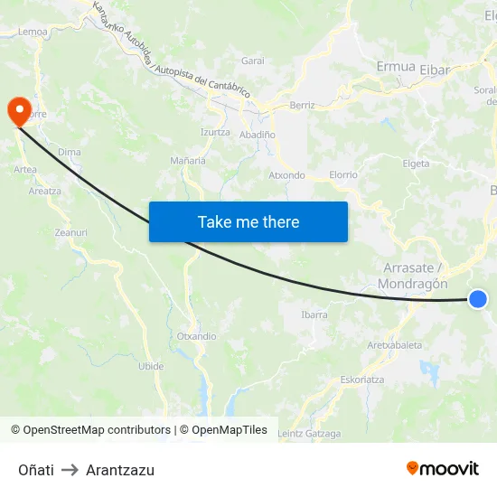 Oñati to Arantzazu map