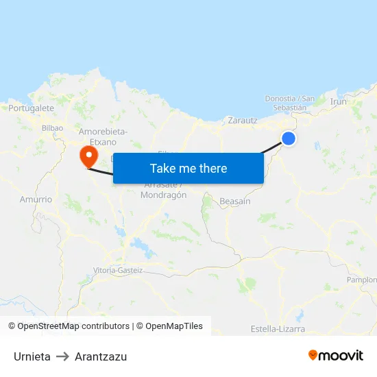Urnieta to Arantzazu map