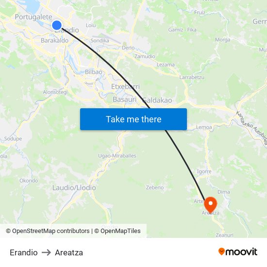 Erandio to Areatza map