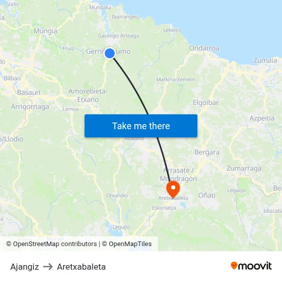 Ajangiz to Aretxabaleta map