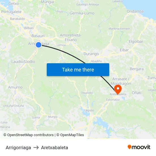 Arrigorriaga to Aretxabaleta map