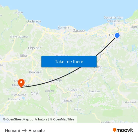 Hernani to Arrasate map