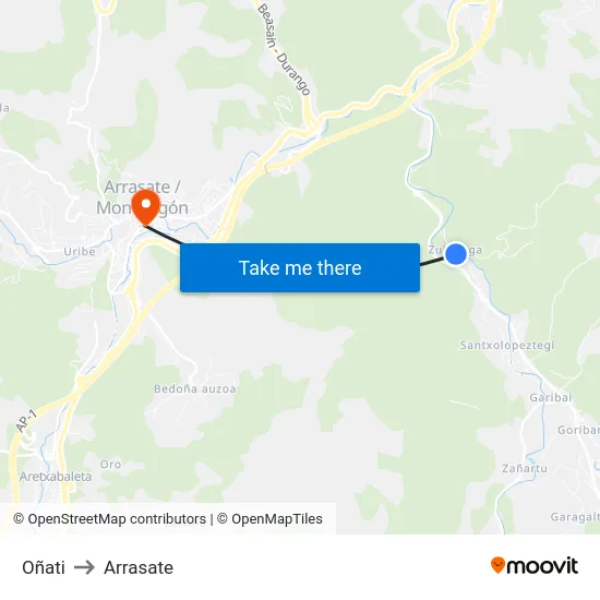 Oñati to Arrasate map
