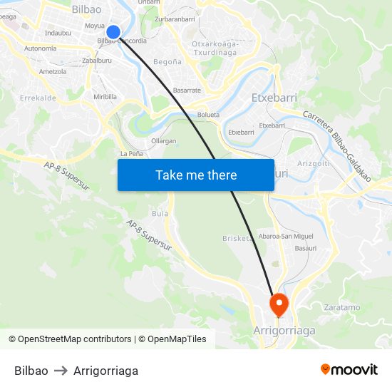 Bilbao to Arrigorriaga map