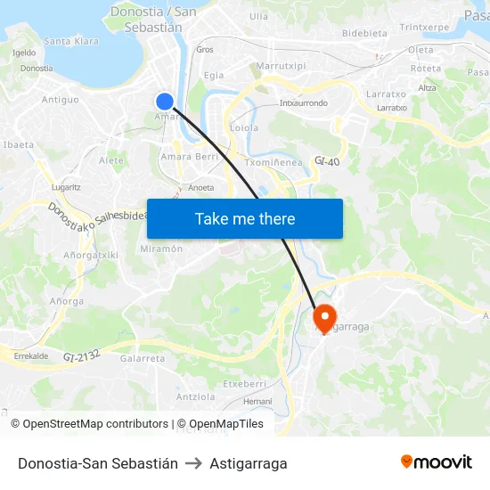 Donostia-San Sebastián to Astigarraga map