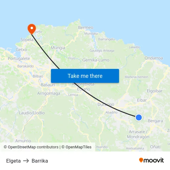 Elgeta to Barrika map