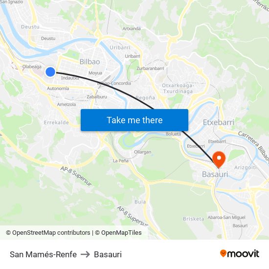 San Mamés-Renfe to Basauri map