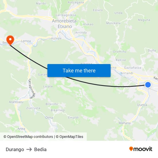 Durango to Bedia map