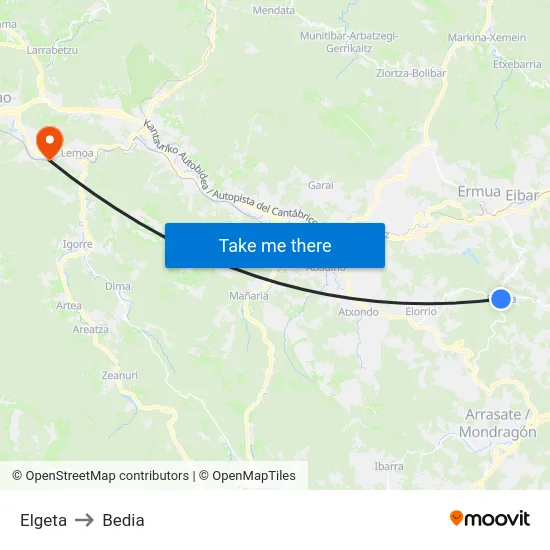 Elgeta to Bedia map