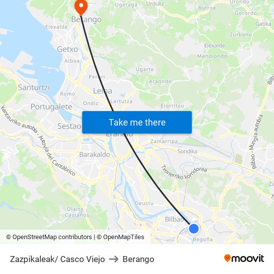 Zazpikaleak/ Casco Viejo to Berango map