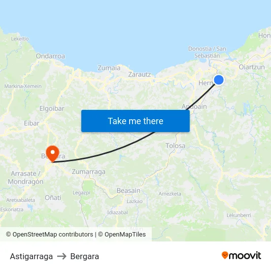 Astigarraga to Bergara map