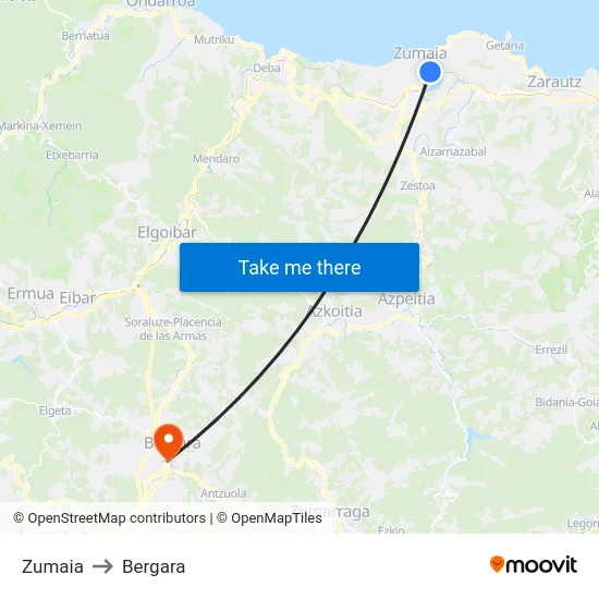 Zumaia to Bergara map
