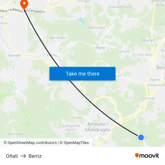 Oñati to Berriz map