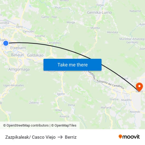 Zazpikaleak/ Casco Viejo to Berriz map