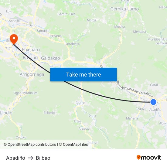 Abadiño to Bilbao map